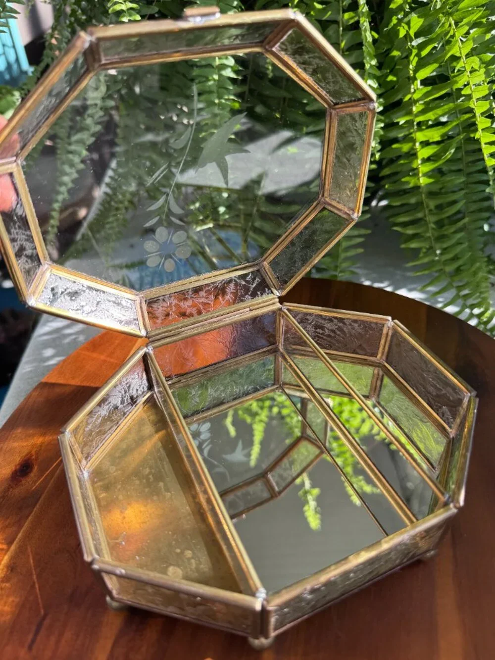 Vintage Etched Glass & Brass Jewellery Box – Hummingbird & Floral Design